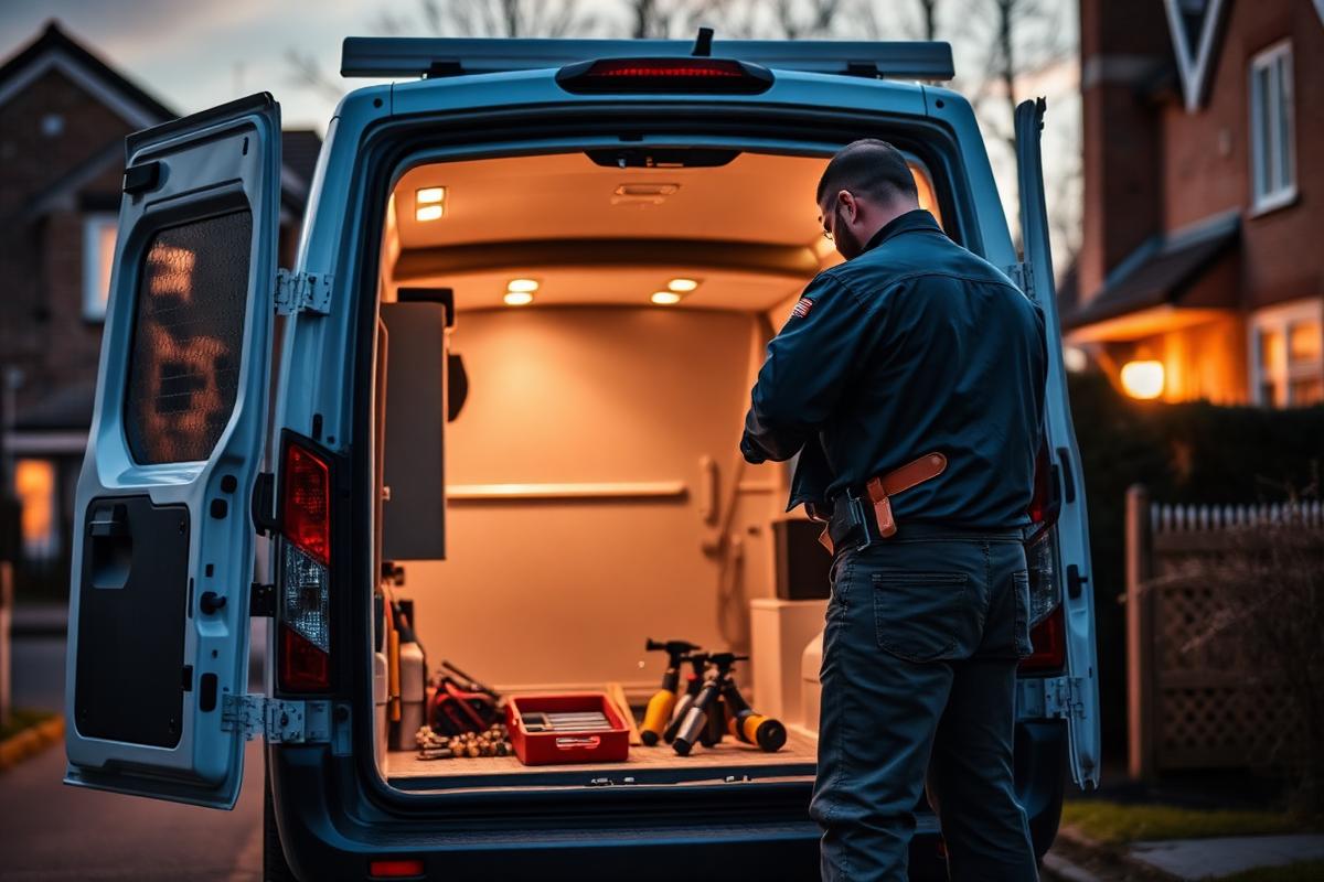 Locksmith responding from a service van equipped for emergency callouts