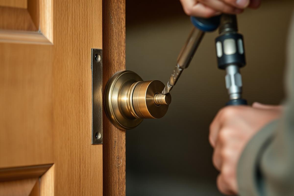 Technician installing a door deadbolt
