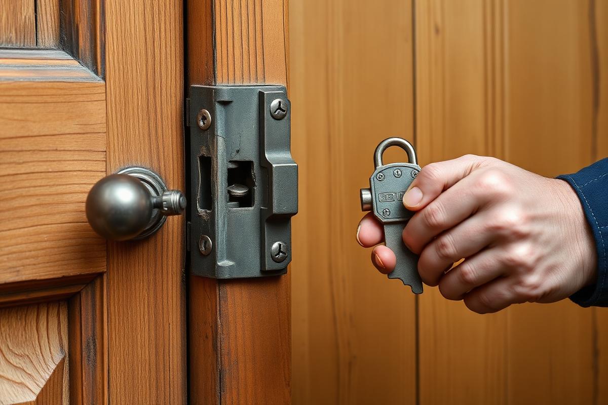 Locksmith replacing a lock on a wooden door frame