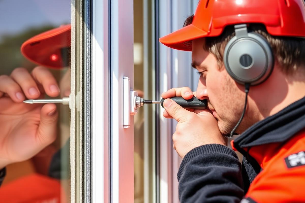 Technician inspecting and adjusting a window locking mechanism